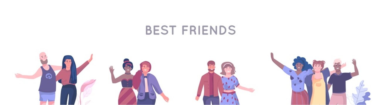 Friends characters. People hanging together, minimal trendy friendship concept for web design. Vector illustrations different people groups set, as searching hugging friends girl and guy