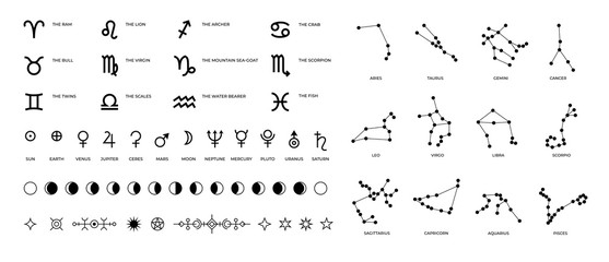 Zodiac signs and constellations. Ritual astrology and horoscope symbols with stars planet symbols and Moon phases. Vector set pictogram elements constellation illustration for ancient alchemy - obrazy, fototapety, plakaty
