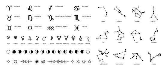 Fotobehang Zodiac signs and constellations. Ritual astrology and horoscope symbols with stars planet symbols and Moon phases. Vector set pictogram elements constellation illustration for ancient alchemy © SpicyTruffel