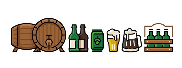 Beer icons. Bottle pub mug with beer foam, can and bar glass, vintage minimal beer design template. Vector cold drinks menu and pub equipment set
