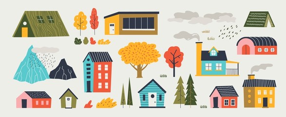 Cute houses. Trendy rural hand drawn landscape with buildings trees mountains and clouds. Vector paper cut flat design countryside with isolated elements architecture and nature icons