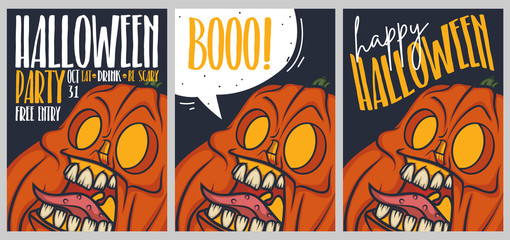 Halloween party invitation. Funny screaming pumpkin on dark background. 