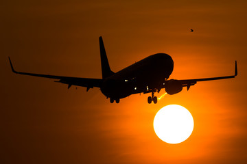 A Plane flies past the Sun while landing during Sunrise.