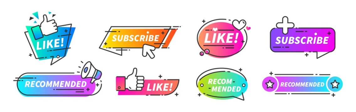 Recommend banner. Thumb up tags with with like and subscribe buttons for video channels or podcast. Vector trusted seller blog buttons set like symbol seller quality