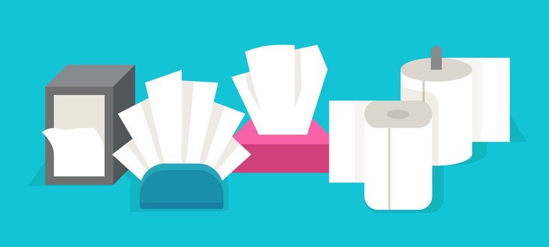 Cartoon tissue. Flat rolled paper napkins and hand dryer, toilet white paper and hand dryer tissues. Vector napkins boxes and rolls set for health and hygiene use