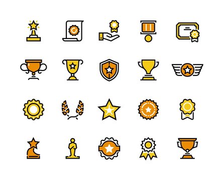 Prize line icons. Trophy medal and winner cup symbols, lottery prize and competition award. Vector colour reward set with quality diploma for message rankings high glory