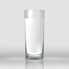 Glass of milk. Realistic image transparent cup with white color liquid. 3D vector isolated illustration lifestyle with milk drink or yogurt breakfast for healthy eatin