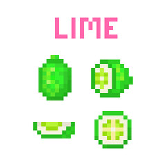 Set of 4 pixel art green limes (uncut, cut in half, sliced) isolated on white background. Collection of 8 bit citrus fruit icons. Old school vintage retro 80s, 90s slot machine/video game graphics.