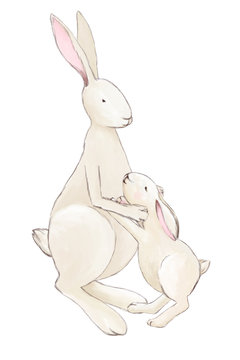 Mama rabbit with her kid. Clip art, positive easter illustration on white background