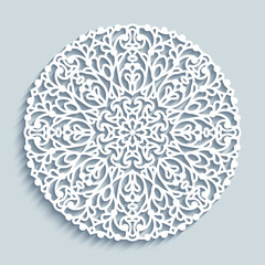 Round lace doily under cake, circle crochet pattern, cutout paper decorative snowflake, mandala stencil ornament, lacy template for laser cutting - obrazy, fototapety, plakaty