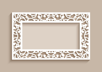 Rectangle frame with ornamental lace border, cutout paper decoration, wedding invitation or greeting card design, laser cutting template