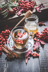 Hot tea in glass cup with rowan and atmospheric autumn decorations. Selective focus. Shallow depth of field.