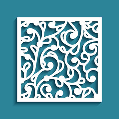 Square tile with cutout paper swirls, floral lace texture, elegant stencil pattern, template for laser cutting or wood carving