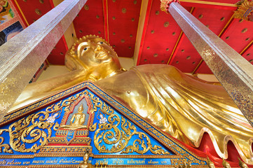 The Golden huge sleeping buddha statue of Wat Bang Phli Yai Klang. Very peaceful atmosphere.