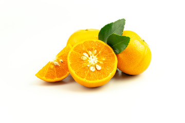 Orange Mandarin full and cut in half isolated on white background