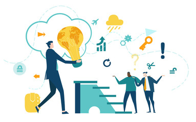 Businessman holding light bulb with map   as symbol of international business, growth idea, and working together concept. Collection of business people in action.