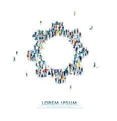 Gear. Large group of business people, workers, family members and students organised into gear symbol. Collection of icons made of little busy people.