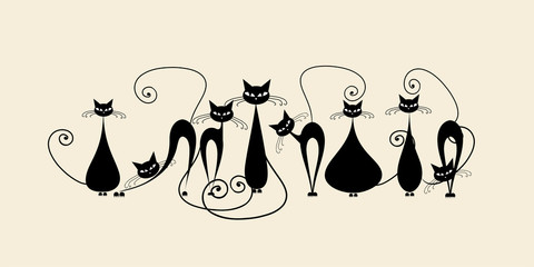 Funny cats family, black silhouette
