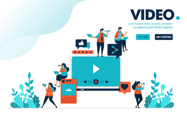 Fototapeta na wymiar Vector illustration video & editing. People watch video from social media. Provide rating and comment, uploading and editing. Designed for landing page, web, banner, mobile, template, flyer, poster