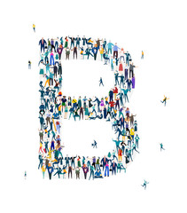  Alphabet, typeface, letter B. Large group of business people, workers, family members and students organised into letter. Collection of icons made of little busy people.