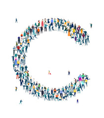  Alphabet, typeface, letter C. Large group of business people, workers, family members and students organised into letter. Collection of icons made of little busy people.