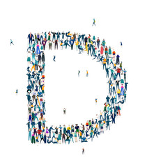  Alphabet, typeface, letter D. Large group of business people, workers, family members and students organised into letter. Collection of icons made of little busy people.