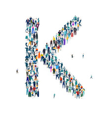  Alphabet, typeface, letter K. Large group of business people, workers, family members and students organised into letter. Collection of icons made of little busy people.