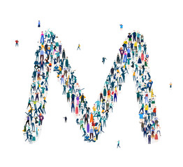  Alphabet, typeface, letter M. Large group of business people, workers, family members and students organised into letter. Collection of icons made of little busy people.