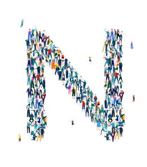  Alphabet, typeface, letter N. Large group of business people, workers, family members and students organised into letter. Collection of icons made of little busy people.