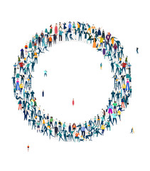  Alphabet, typeface, letter O. Large group of business people, workers, family members and students organised into letter. Collection of icons made of little busy people.