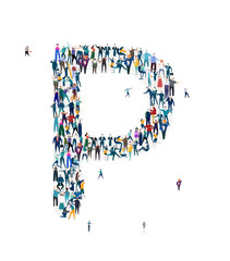  Alphabet, typeface, letter P. Large group of business people, workers, family members and students organised into letter. Collection of icons made of little busy people.