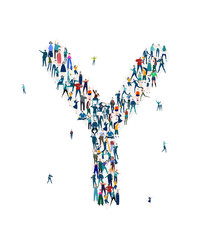  Alphabet, typeface, letter Y. Large group of business people, workers, family members and students organised into letter. Collection of icons made of little busy people.