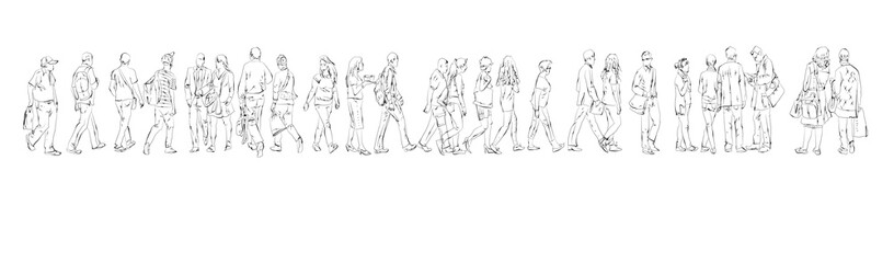 Fototapeta na wymiar Lots of walking people. sketch. Long background for top/bottom page