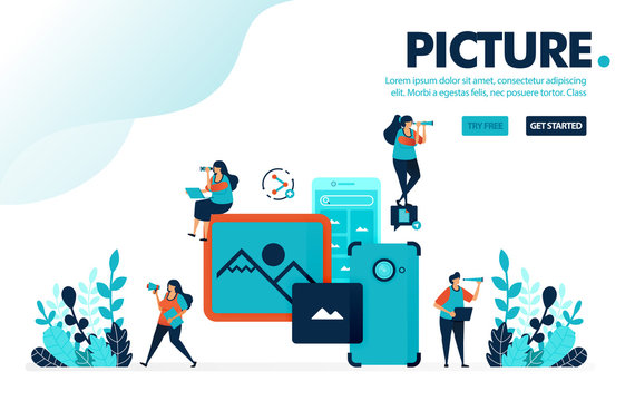 Vector illustration mobile picture. People take picture and images with mobile camera. Share images to social media with mobile. Designed for landing page, web, banner, mobile, template, flyer, poster