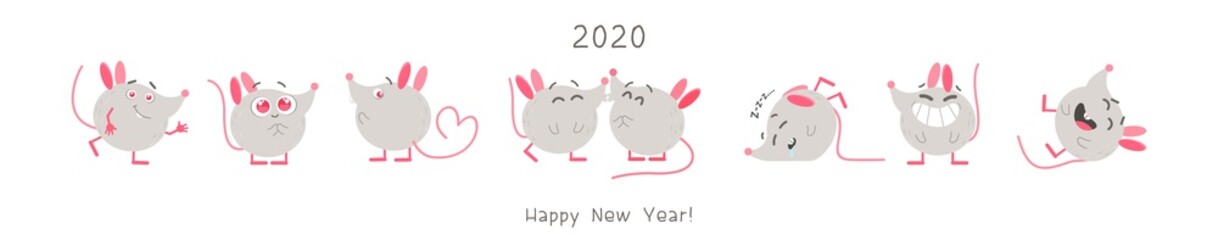 Cute rats flat vector illustrations set. Creative cartoon characters pack. Kawaii mice with different expressions. Funny 2020 year mascots