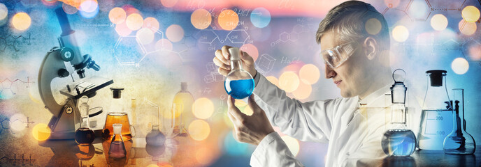 Silhouette of a chemist conducting experiments on the background of Scientific Glassware and chemistry formula. Concept on education, chemistry and science topics. Chemical background. - obrazy, fototapety, plakaty