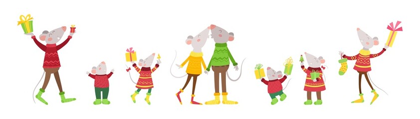 New year header with happy rats..Set of cheerful rats with gifts, Christmas cartoon characters. Cute animals celebrating winter holidays. New Year postcard design element.