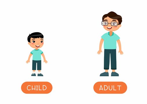 Foreign language educational flash card vector template. Word card for english learning. Opposites, age concept, adult and child. Grown up man and little boy flat illustration with typography