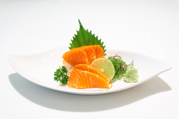 premium salmon sashimi slice on a White Plate,japanese food