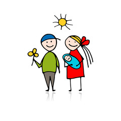 Happy parents with newborn, sketch for your design