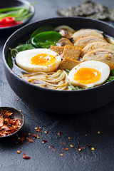 Asian noodle soup, ramen with chicken, tofu, vegetables and egg in bowl. Slate background.