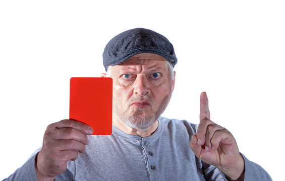 A man shows a red card in front of white background. Concept: admonition and warning.
