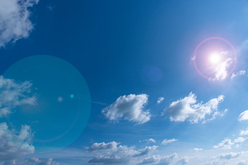 blue sky with white clouds and sun