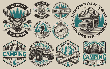 Set of vector black and white logos for the camping theme