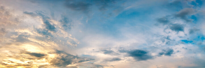 Panorama of Dramatic vibrant color with beautiful cloud of sunrise and sunset. Panoramic image.
