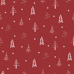 Christmas tree and star vector seamless, repeat pattern. White trees and stars on red background. Doodle trees, hand drawn for background, print or textile design.