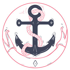 Naklejka premium Vector hand drawn nautical anchor. Element ship, travel and drawing vintage, rope marine