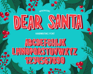 Christmas font. Holiday typography alphabet with festive illustrations and season wishes.
