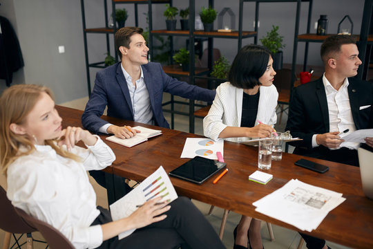 young creative people partisipating in the marketing workshop, close up photo. education concept