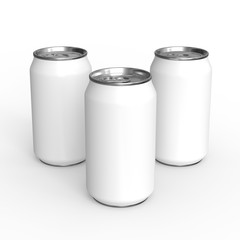 Three aluminium cans mockup. Blank metallic soda can. Isolated on white background. 